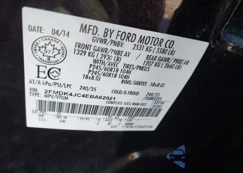 2014 Ford Edge Sel from USA, damaged, VIN 2FMDK4JC4EBA62921